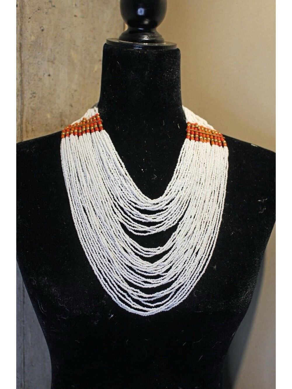40 Strand Myanmar White with Red Accent Layered Beaded Necklace.